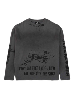Waffle-Knit Distressed Gradient Print Long T-Shirt - Gris oscuro