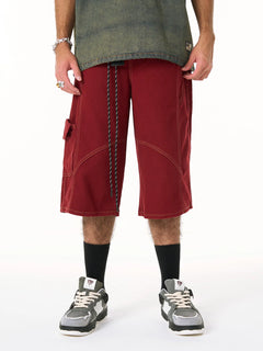 Denim Welt-Embellished Cargo Jorts - Rojo