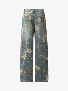 Denim Floral Print Carpenter Jeans - Azul