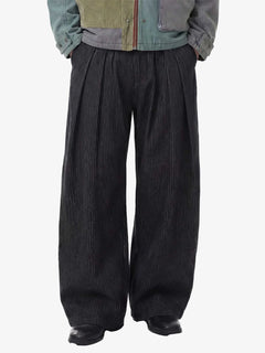 Vintage Pinstripe Pleated Wide-Leg Barrel Pants - Negro