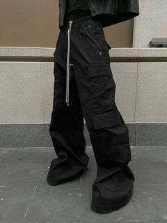Woven Multi-Pocket Baggy Flared Pants - Negro