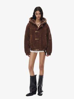 Streetwear Metal Clip Faux Fur Hooded Suede Bomber Jacket - Coffee