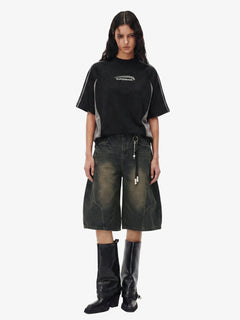 Curved Silhouette 3D Paneled Denim Shorts - Negro