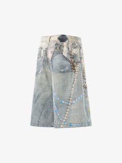 Jewelry Pearl Graphic Print 3D Effect Denim Shorts - Light Blue