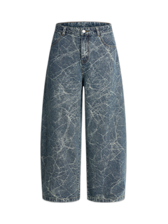 Retro Crackle-Washed Barrel Jeans - Azul