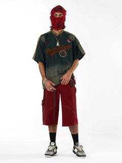 Denim Welt-Embellished Cargo Jorts - Rojo