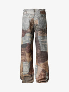 High Street Distressed Washed Printed Jeans - Café