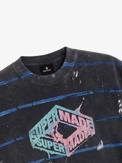 Vintage Washed Striped Paint Splatter Graphic T-Shirt - Negro