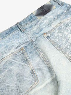 Vintage Washed Rhinestone Wide Leg Denim Jeans - Azul