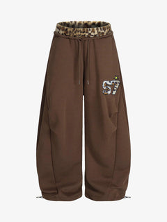 Retro Double-Waist Leopard Patch Barrel Pants - Dark Brown