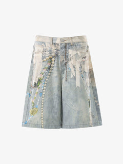 Jewelry Pearl Graphic Print 3D Effect Denim Shorts - Light Blue