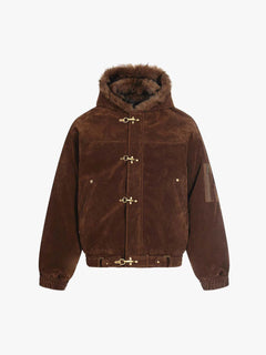 Streetwear Metal Clip Faux Fur Hooded Suede Bomber Jacket - Coffee
