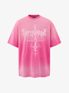 Acid Wash Gothic Cross Spine Graphic Distressed T-Shirt - Rosa