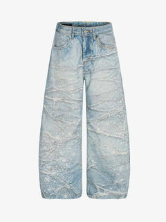 Vintage Washed Rhinestone Wide Leg Denim Jeans - Azul