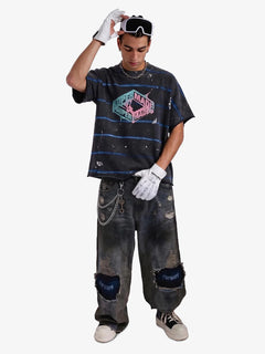 Vintage Washed Striped Paint Splatter Graphic T-Shirt - Negro
