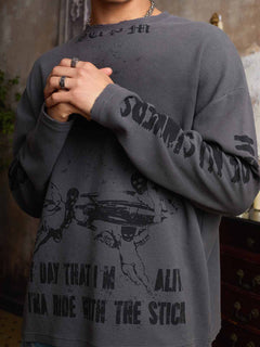 Waffle-Knit Distressed Gradient Print Long T-Shirt - Gris oscuro