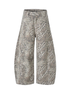 Street Leopard Camouflage Pleated Barrel Jeans - Leopardo
