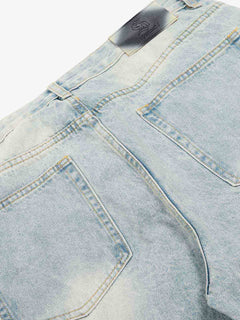 Denim Washed Distressed Barrel Jeans - Light Blue