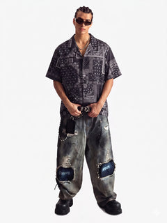 Vintage Bandana Patchwork Cuban Shirt - Negro