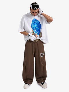Retro Double-Waist Leopard Patch Barrel Pants - Dark Brown