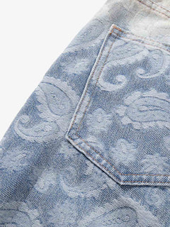 Floral Jacquard Denim Jeans - Blue And White