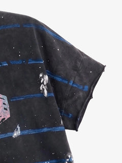 Vintage Washed Striped Paint Splatter Graphic T-Shirt - Negro